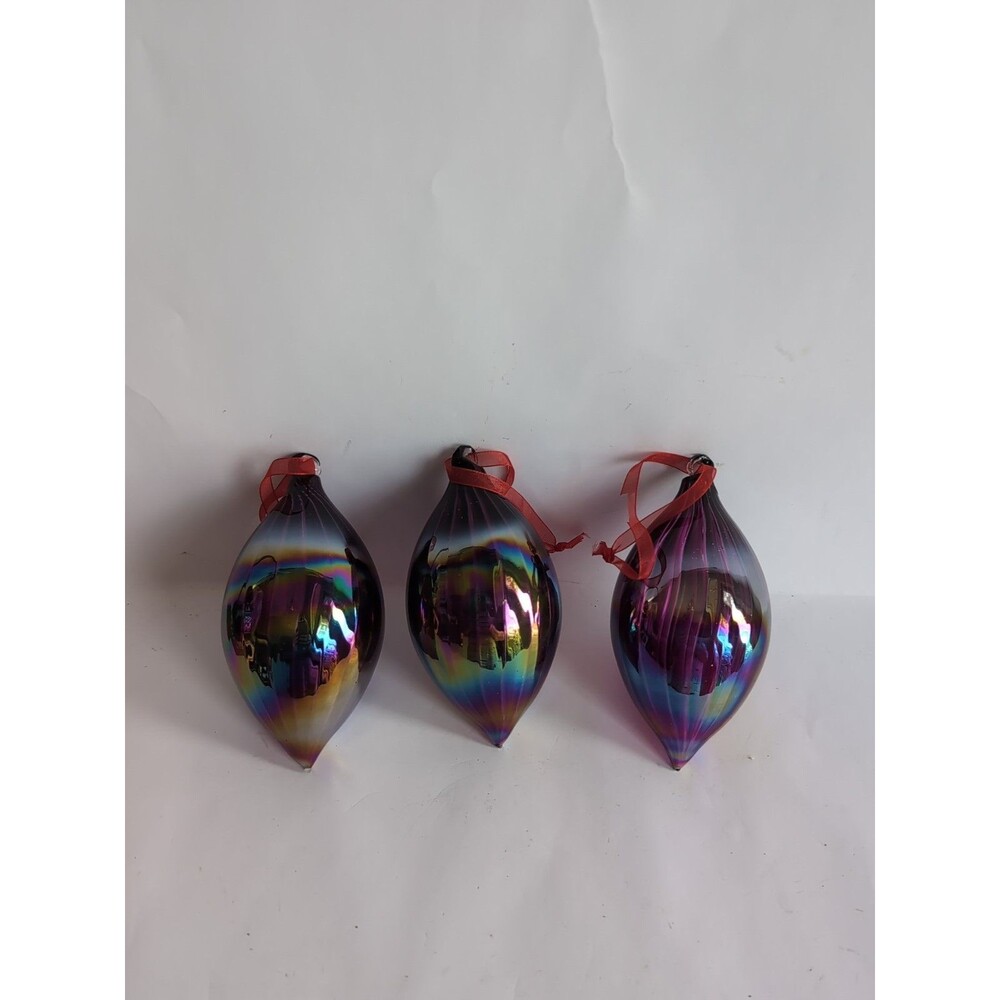 Vtg Dillards Iridescent Purple Multicolor 5" Glass Christmas Ornament Lot Of 3
